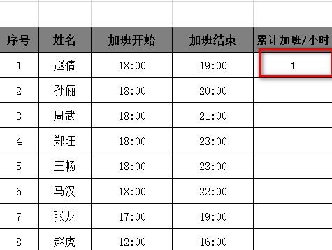 Excel表格快速计算公司员工的累积加班工时的方法教程截图