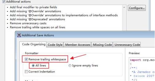 eclipse设置自动删除空白行和语句后多余空格的简单方法截图