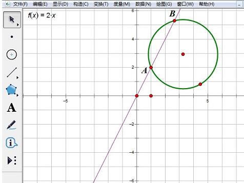 使用几何画板构造直线与圆的交点的操作内容截图