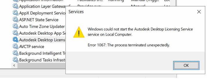 启动Autodesk Desktop Licensing Service时出现错误1067：进程意外终止怎么办？